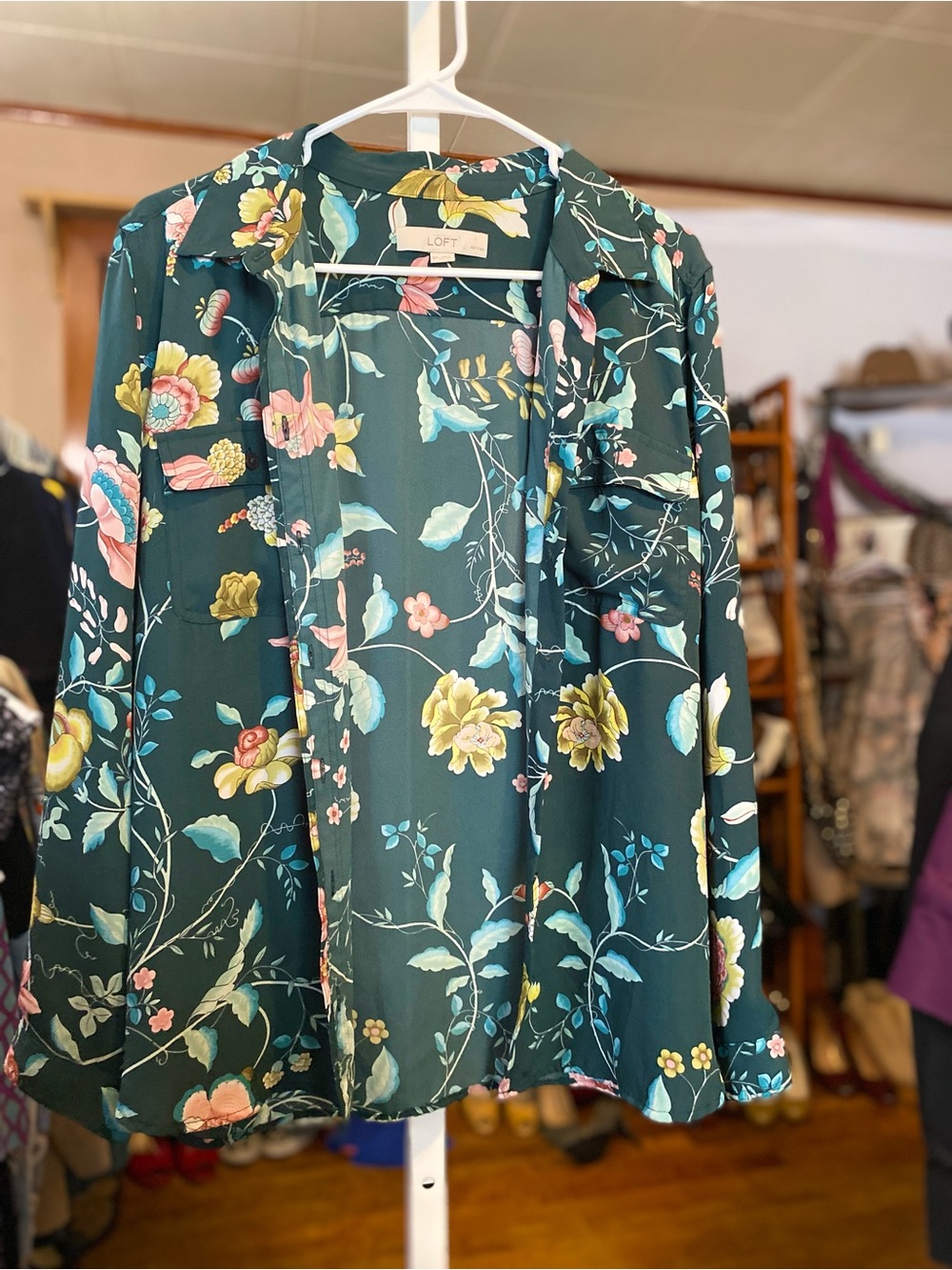 LOFT Teal Floral Long-Sleeve Blouse